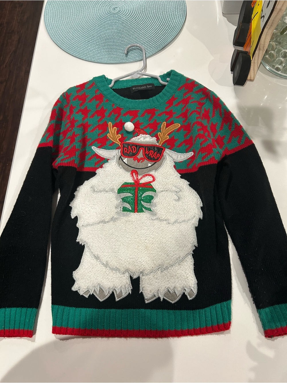 Boy’s Green, Black, & Red Holiday Sweater with Festive Yeti